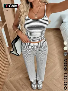 Women's Casual Striped Halter Top and Elastic Long Pants Set, Halter Neck, Summer Vacation, 2 Piece Set, Stylish and Comfortable