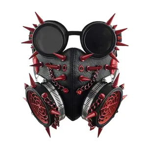 Halloween Red Spike Skulls Masquerade Gothic Chain Gas Mask with Goggles Cosplay