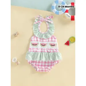 [Watermelon Swimsuit] Baby Girl Swimsuit Plaid Watermelon Embroidered Tie-up Sleeveless Ruffle Bathing Suit Casual Swimwear