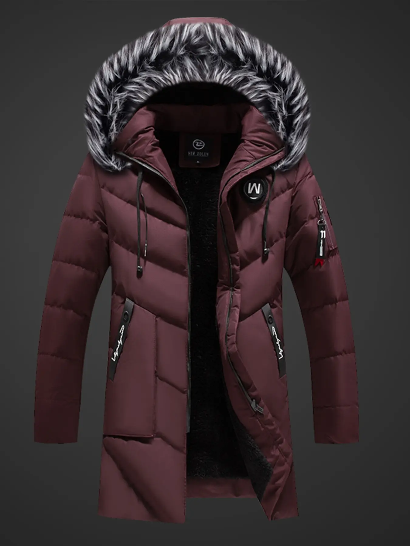 Men's Winter Mid-Length Cotton Jacket, Casual Comfy Jacket, Hooded Thickened Warm Coat, Casual Plain Color Outerwear, Long Sleeve Zipper Design