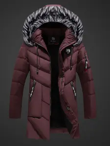 Men's Winter Mid-Length Cotton Jacket, Casual Comfy Jacket, Hooded Thickened Warm Coat, Casual Plain Color Outerwear, Long Sleeve Zipper Design