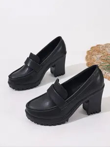 Spring Summer New Chunky Heel Thick Sole Loafers Women, Slip-On Pointed Toe High Heels Small Leather Shoes, British Style Commuter Anti-Slip Single Shoe