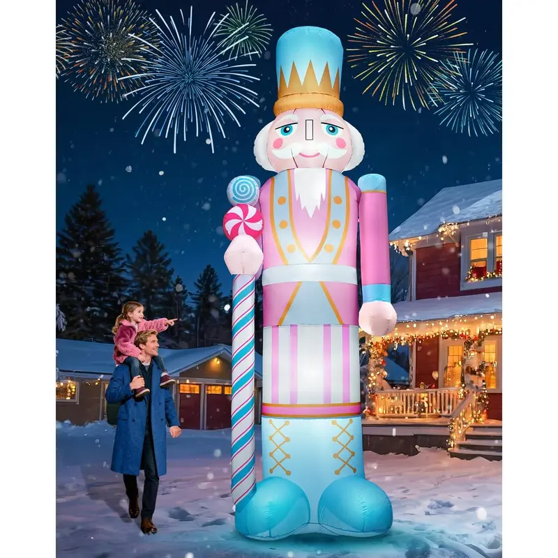 12FT Giant Christmas Inflatable Nutcracker, Huge Pink Christmas Decoration Outdoor Hold Cane Large Blow Up Yard Decorations Blowups with Bright LED Lights for Xmas New Year Holiday