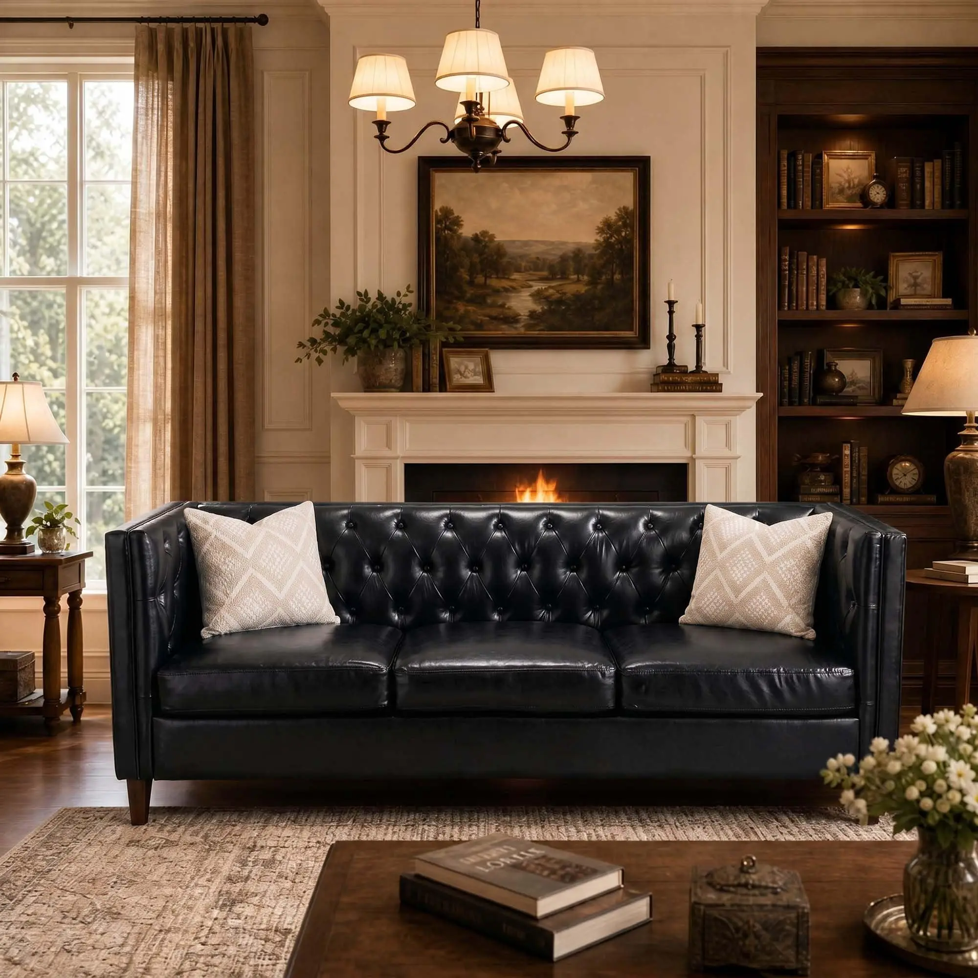 81" PU leather sofa for living room. Modern 3-seat couch. Black.