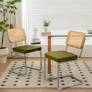 Velvet Upholstered Dining Chairs Set of 2, Mid Century Modern Cantilever Chairs with Chrome Legs & Rattan Back, Breathable Side Chairs for Dining Room Kitchen Living Room Home Decor, weddingfurniture