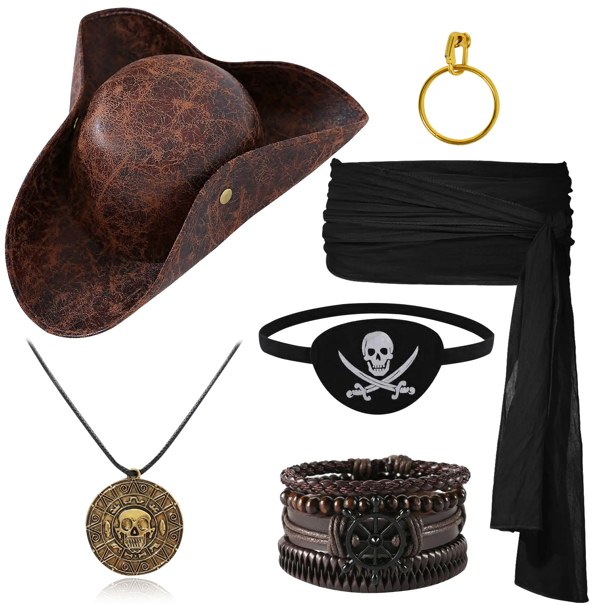 6 Pcs Unisex Pirate Costume Accessories Set, Men Women for Halloween Costumes Distressed Leather Tricorn Hat, Skull Eye Patch, Black Sash Belt, Earring, Skull Pendant Necklace & 4 braided Bracelets for Pirate Cosplay Party