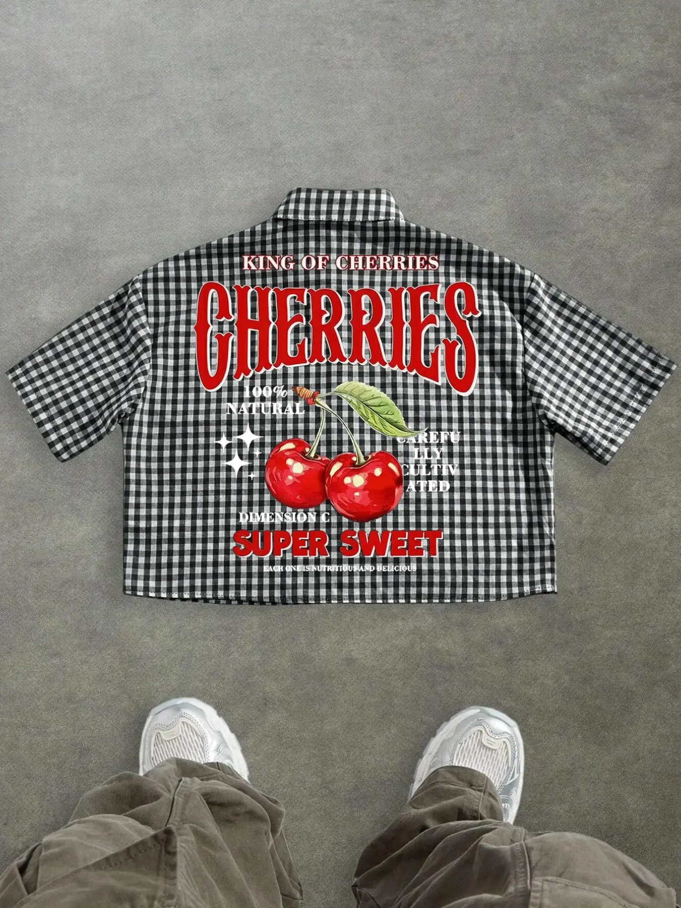 Men's Y2K Cherry Print Gingham Plaid Cropped Button-Down Shirt Tops, Menswear, Vintage Sweet Streetwear, Soft Breathable Fabric, Casual Loose Fit for Daily, Summer, Harajuku Aesthetic