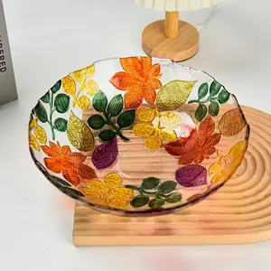 Large Hand Painted Colorful Crystal Glass Decorative Bowl 13" Leaf Pattern Colorful Glass Bowl For Fruits, Salads, Veggies, Centerpiece (33 OZ, 1 L)