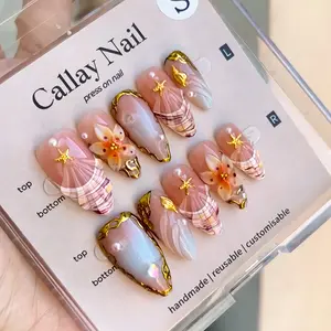 30 pieces of summer hot-selling romantic floral beach shell French 3D almond-shaped press-on nails with advanced gradient manicure