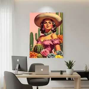 Framed Canvas 1pc Retro Mexican Woman with Cacti and Flowers Canvas Art – Vibrant Pink Off-the-Shoulder Design, Framed Minimalist Wall Decor for Living Room, Bedroom, Office, Kitchen, and Dining Room, Wrapped Wood Frame, Mexican Home Decor