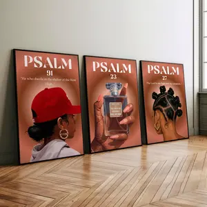 Set of 3 Modern Psalm Wall Art, Psalm 23 91 27 Prints, Black Christian Girl Art, Bible Verse Poster #482a22