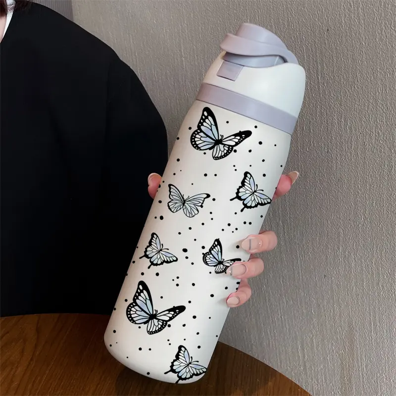 Spotted Butterfly 32oz Dual-Drink Sports Water Bottle, 304 Stainless Steel Large Capacity Insulated Cup, Insulated Travel Tumbler, Perfect Gift for Women, Drinkware, Insulated Water Bottles