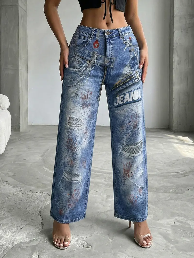 Sticker Graffiti Patchwork Printed Denim Jeans Wide Leg Light Wash