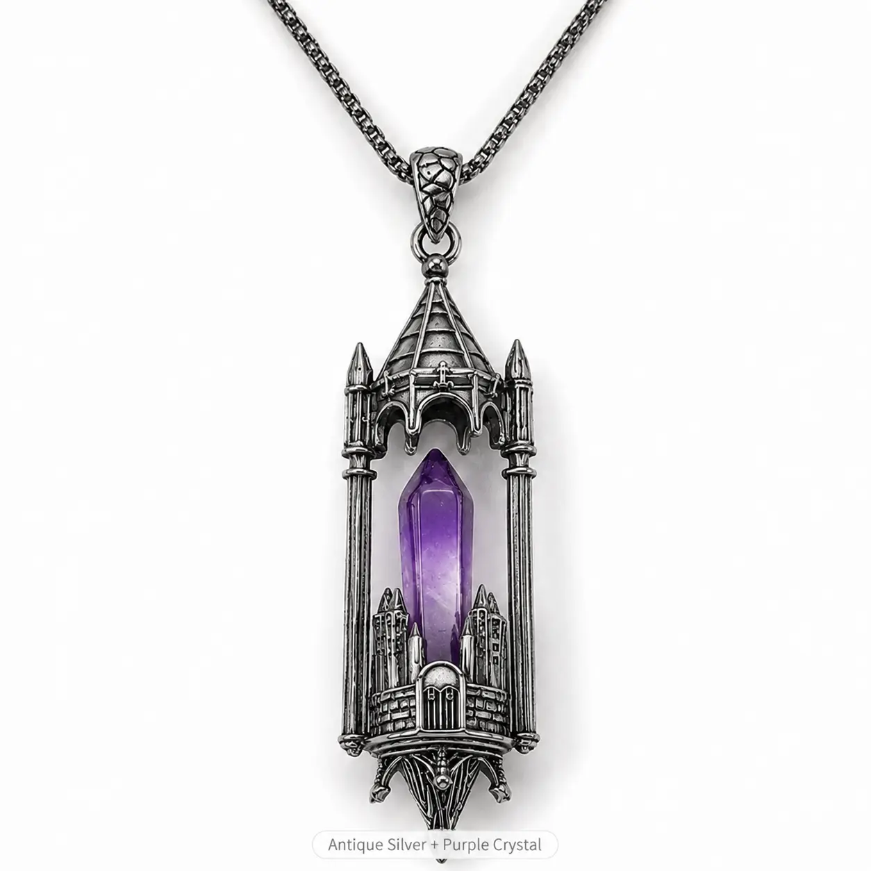Gothic Cathedral Crystal Point Necklace, Vintage Medieval Castle Pendant, Antique Silver Dark Fantasy Jewelry for Women & Men