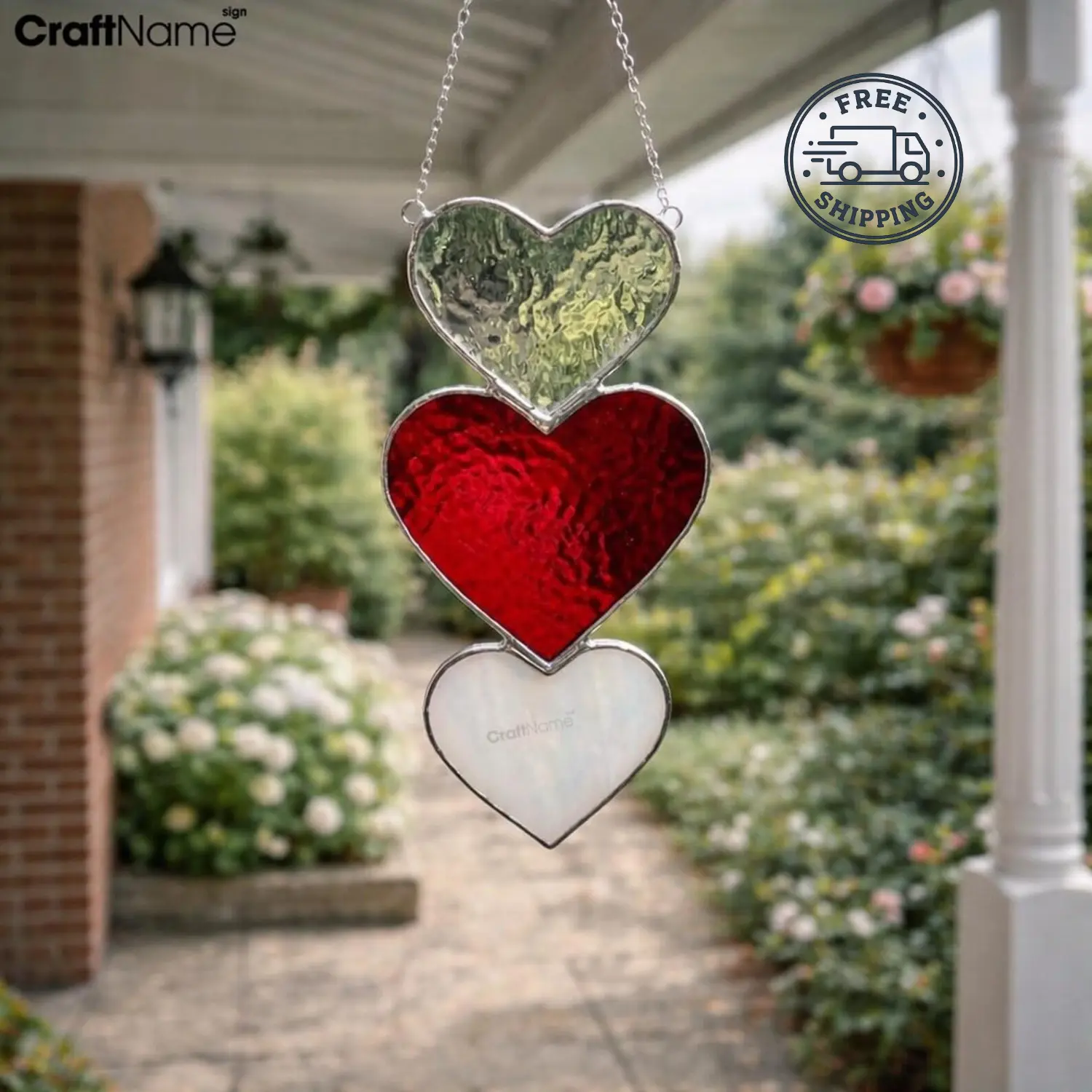 CraftNameSign Triple Heart Traditional Stained Glass Suncatcher Artwork, Red Heart Hangable Wall Window Decoration, Handmade Home Decor Ornament, Valentine’s Day Gift, 8-20 In