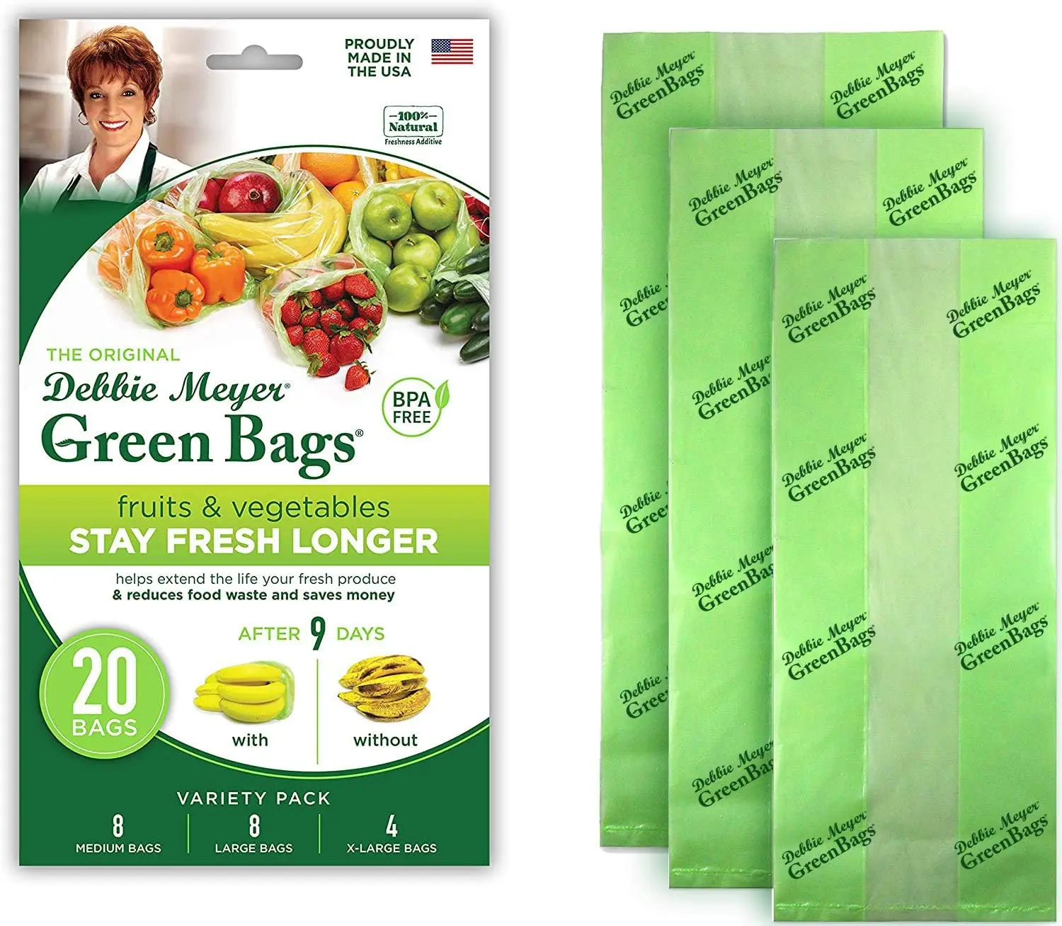 Debbie Meyer GreenBags 20-Pack (8M, 8L, 4XL) Reusable Food Storage Bags - FoodFresh Technology, BPA-Free, USA-Made Storage Containers for Food, Snack & Meal Prep Containers for Kitchen & Fridge Use