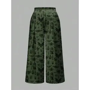 Goth Plus Size Gothic Style Dark Moth, Spider, Crow, Bat Green Print Loose Wide Leg Pants, Halloween Womenswear Bottom