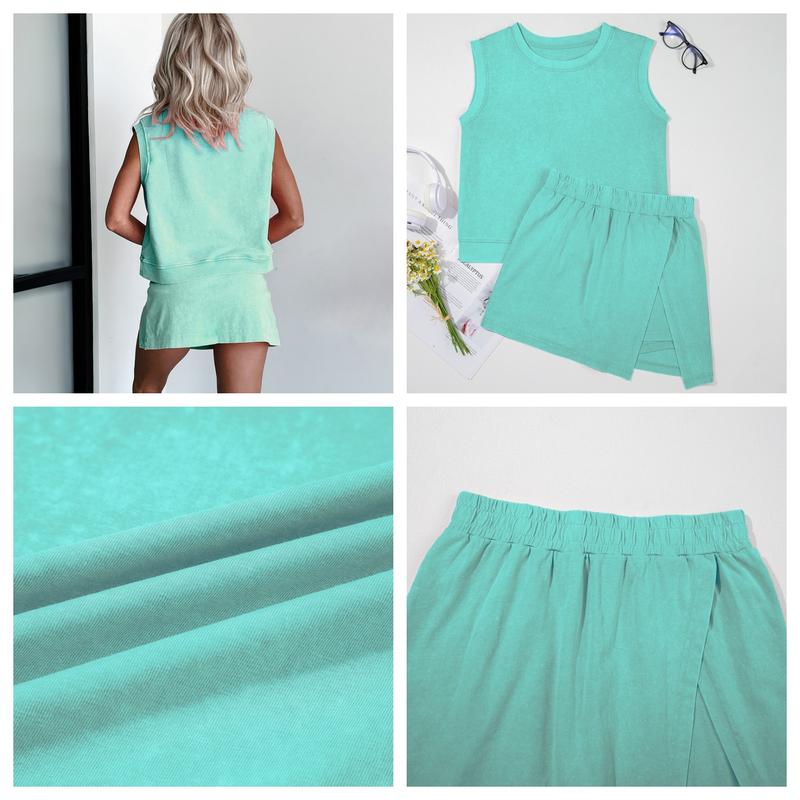 Light Pink 2 Pieces Mineral Wash Cotton Tank Top Lined Split Skirt Set