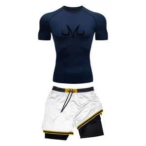 Men's Running Tracksuit Anime Print Training Fitness Sportswear Set Compression Leggings Sport Gym Performance Shorts Rash Guard