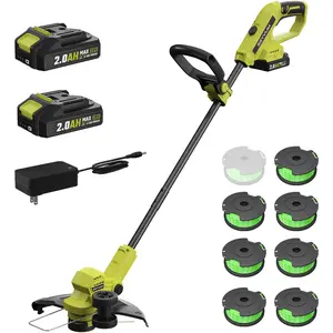 String Trimmer, 20V Weed Wacker with Auto Line Feed, 2 X 2.0Ah Battery Powered Lawn Edger with 8 Pcs Grass Spool Line, Fast Charger Included, Lemon Green