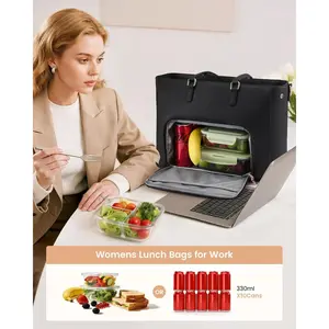 Lunch Tote Bag for Women, 3 in 1 Work Bag with Insulated Lunch Compartment, Laptop Bag with Large Cup Holder for Office, College, Casual, Black