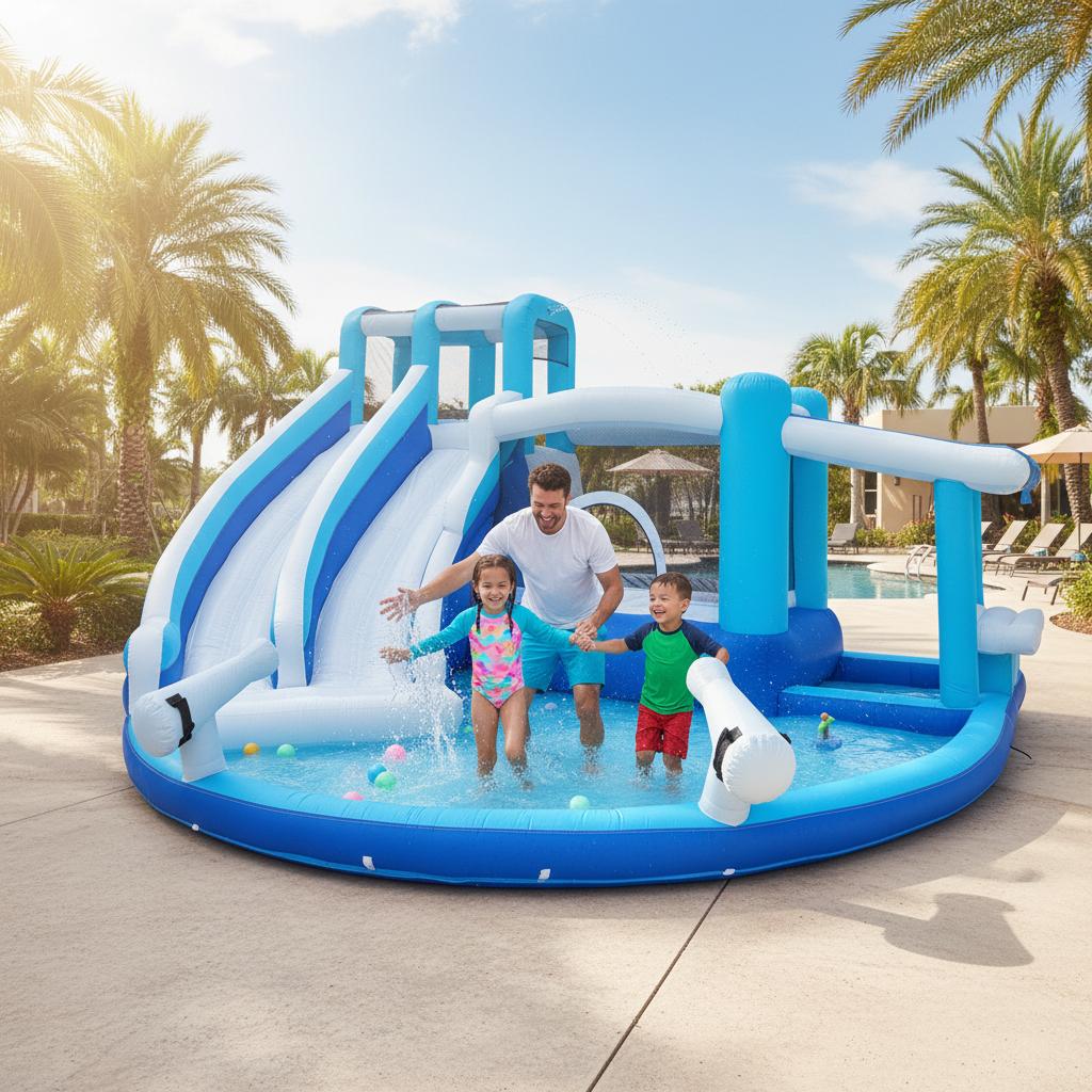 Inflatable Bounce House Water Slide Water Park, Kids Bouncy House for Kids with Dual Slide, Outdoor & Indoor, Dual Slide Water Park Inflatable Water Slide for Backyard, Outdoor Blow Up Park Wet Dry Combo