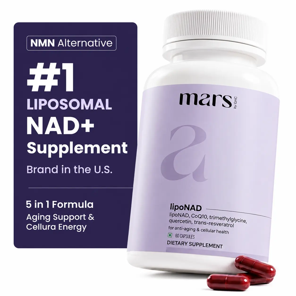 Mars NAD+ Liposomal Supplement 1000mg | NMN Alternative with LipoNAD, Trans-Resveratrol, Co-Q10, Quercetin & Trimethylglycine for Advanced Cellular Energy, Aging & Longevity Support for Men & Women – 60 Capsules
