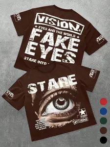 Men's Cyber Grunge Double-Sided Eye Graphic T-Shirt - Dark Green Gothic Letter Print Oversized Tee - Heavyweight Boxy Fit Streetwear Top for Night Out & Bold Aesthetic