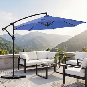 10FT Offset Patio Umbrella with Base, Cantilever Outdoor Umbrella with Crank, 8 Ribs, UV-Resistant & Vented Canopy for Patio, Pool, Garden