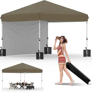 Brown 10x10 Pop Up Canopy Tent with 1 Removable Sidewall, Heavy Duty Commercial Instant Shelter with One-Person Setup, UPF 50+ Waterproof, 100 Sq Ft Shade for Outdoor Events, Camping, Farmers Market