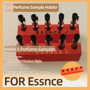 2 Pcs Essence Perfume Sample Organizer - 5-Grid Holder with Gender Icons, Minimalist Red Desktop Display Stand (1 Stand + 1 ID Card)