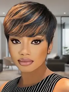 Women Short Pixie Cut Human Hair Wig, Blonde Highlight Straight Wig with Pre-Plucked Bangs, Layered Machine-Made Design Layered Wigs