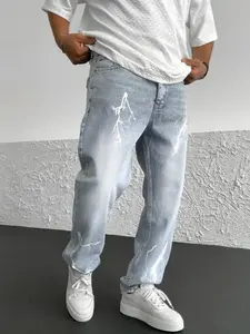 Men's Graphic Print Straight Leg Jeans, Relaxed Fit Jeans, Loose Casual Comfy Denim Pants for Daily Wear, Woven Bottoms for All Seasons