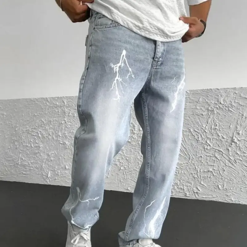 Men's Graphic Print Light Wash Straight Leg Jeans, Loose Casual Comfy Streetwear Denim Pants for Daily Wear, Woven Bottoms for All Seasons, Baggy Jeans Streetwear