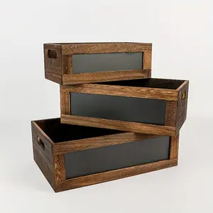 Set of 3 Vintage Storage Boxes with Chalkboard Labels - Wooden Basket Bin Organizer for Spices, Desktop Storage Container, Cosmetics Holder, Supermarket Fruit Display Tray, Home Decor