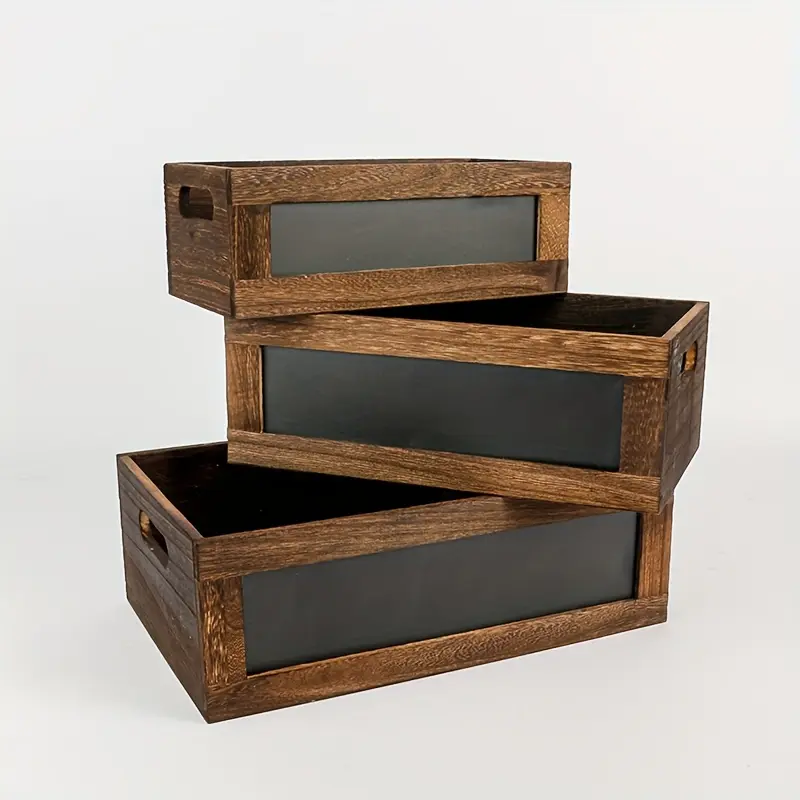 Multifunctional 3-Piece Rectangular Vintage Wooden Storage Boxes with Label-Ready Chalkboard Labels - Home Organizer Bin for Food, Fruit Display, Beauty Supplies, Desktop Storage & Home Decor
