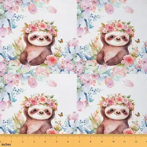 Cute Sloth Fabric by The Yard,Cartoon Animal Waterproof Fabric,Flower Floral Print Upholstery Fabric,Farm Zoo Garden Theme DIY Reupholstery Fabric