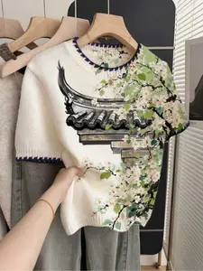 1 piece + French retro loose round-neck short-sleeve contrast piping beige women's contrast print spring and summer knitted top, Floral Womenswear
