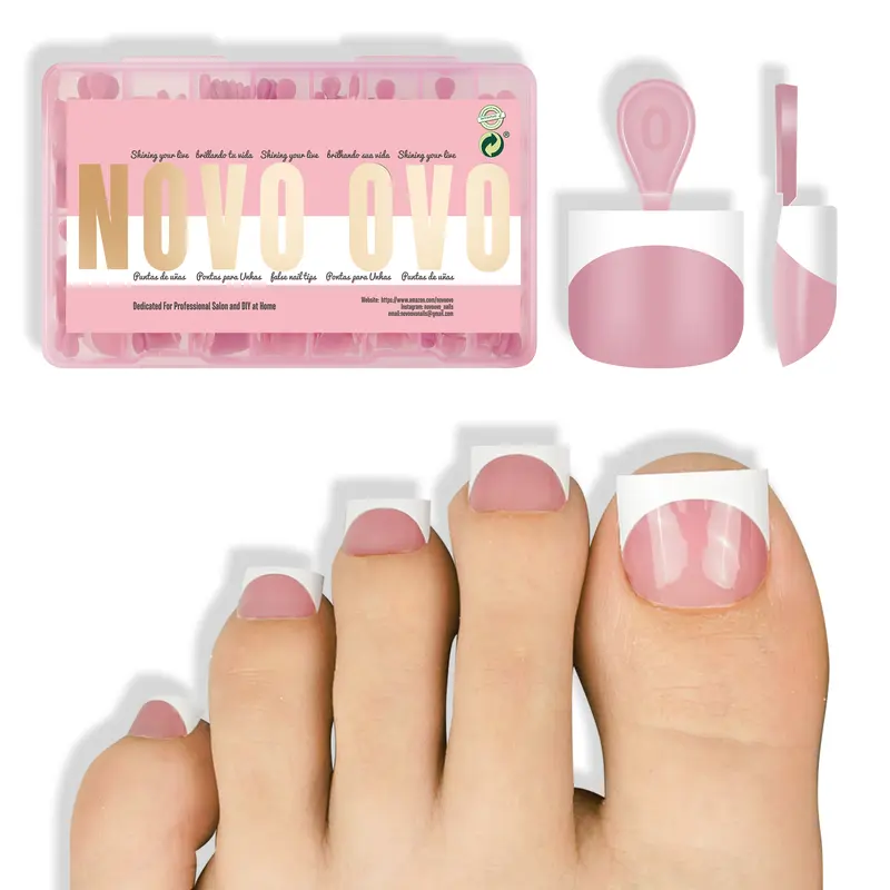 NOVO OVO Pre-Coated Extra Short Sharp Square White French Tip Berry Pink Toe Press On Nails Kit - Soft Gel Pedicure Extensions, Comprehensive Size Range (16 Sizes, 224 Pcs) for Swimming Pool, Beach (Needs Top Coat; Excludes Light, Glue, Builder Gel)