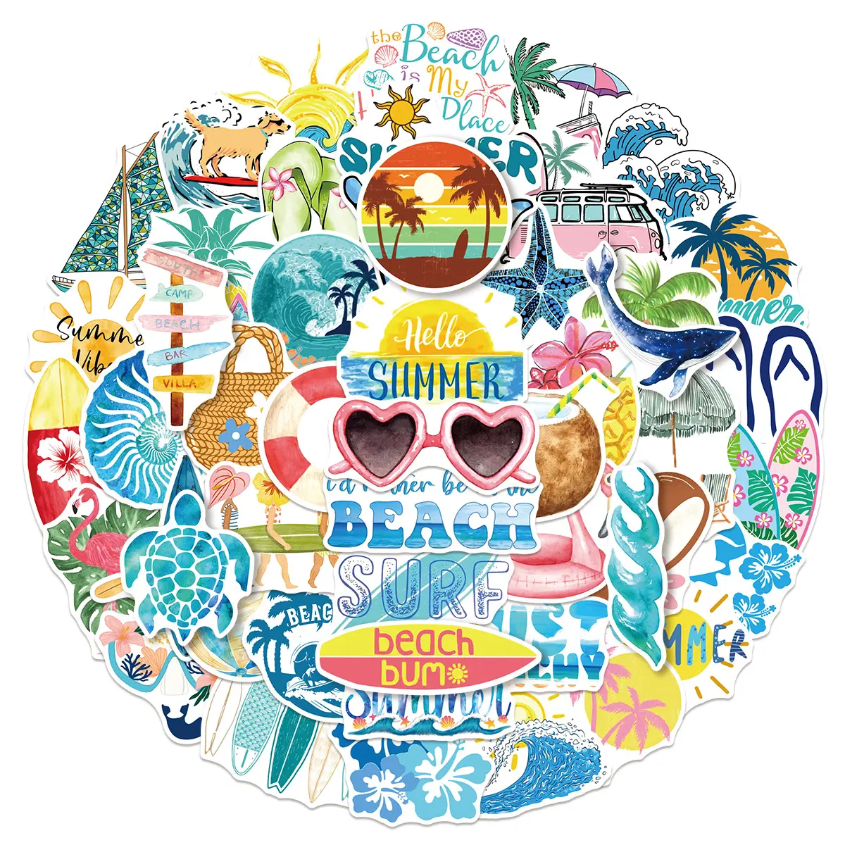 50pcs Summer Beach Surfing Series Stickers, Decals, Decal Set, Office Supplies and Notebook Accessories, Suitable for Scrapbooks, Diaries, Laptops, Water Bottles, Cars, Etc., Based on A Design Inspired By Faith.
