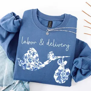 Floral Labor and Delivery Sweatshirt T-Shirt, Stork Maternity Nurse Shirt, Nurse Gift, Blue Toile Nurse Shirt Unisex Cotton