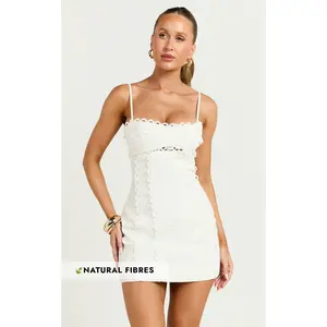 Gigi Mini Linen Blend Dress - Sweetheart Tie Back Scallop Detail Dress in Off White