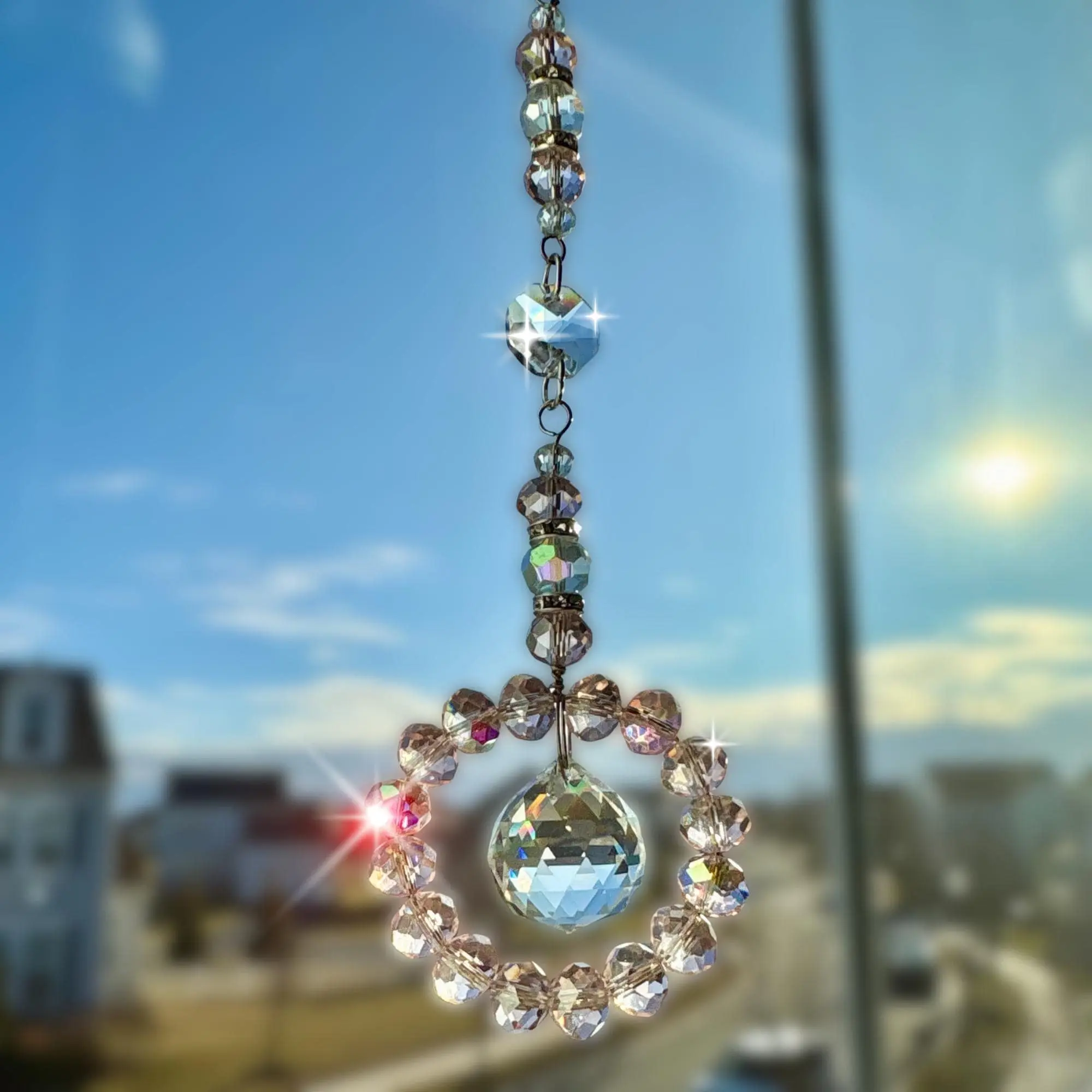 Handmade Crystal Halo Prism Glass Suncatcher with Glass Beads - Reflective Rainbow Brightening Home Decor Hanging Charm for Car Rearview Mirror or Window, Ideal Birthday Gift