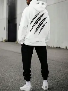 Men's Hooded Sweatshirt Two-Piece Set, Casual Long Sleeve Graphic Pullover, Drawstring Hoodie & Fleece Pants, Comfortable Daily Wear