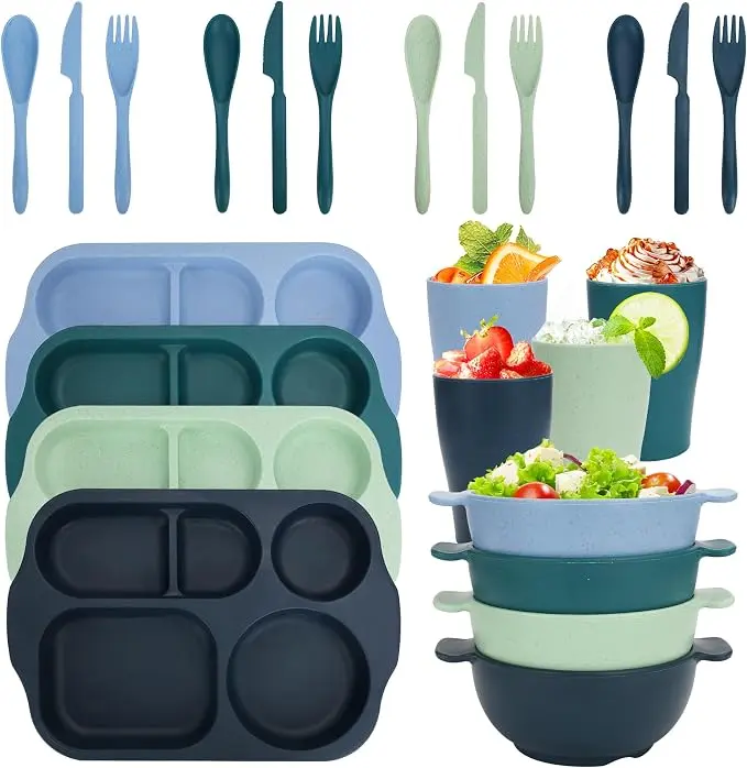 24 PCS Wheat Straw Dinnerware Set for Adult Kids Plates and Bowls Sets | Divided Kids Plates Bowls Cup Cutlery Sets, Reusable Children Tableware Set Microwave Dishwasher Safe for School Party Home