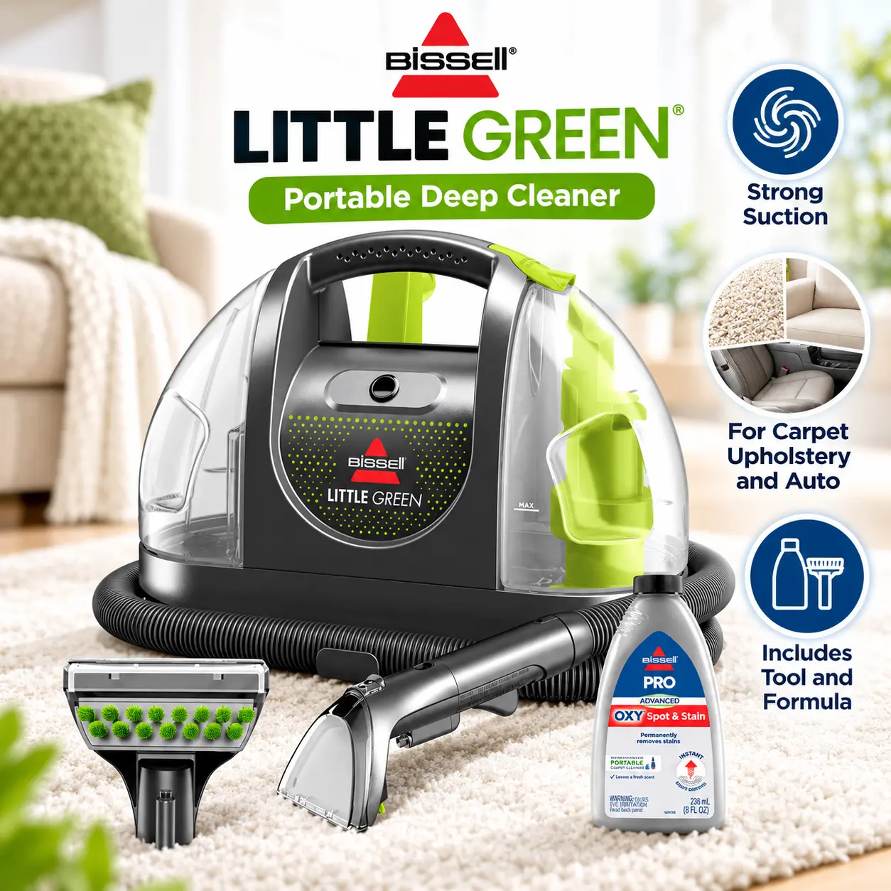 BISSELL Little Green Portable Deep Cleaner, for Carpet, Upholstery, and Auto, Lightweight, Strong Suction, Large Tank Capacity, 3369, Green