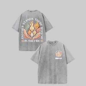 Men's Heavyweight 100% Cotton Christian T-Shirt Suitable for Church Events, Bible Study & Daily Wear - Vintage Washed Brown with Romans 8:35 Bible Verse & "Whoever Is in the Fire with Me" Design, Loose Casual Streetwear for