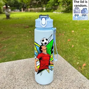 1 Pc cool soccer-themed plastic water bottle with a soccer player print design. 750ml/25.4oz cartoon solid color sports water bottle, with straw and convenient handle strap. Sturdy material, perfect birthday or Valentine's Day gift.