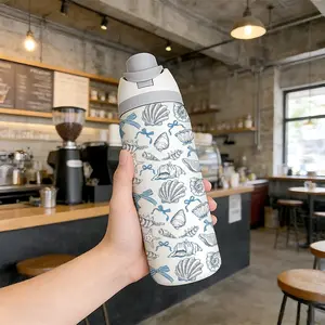 32oz Ocean Shell Pattern Dual Drink Sports Water Bottle, 304 Stainless Steel Vacuum Insulated, Large Capacity Fruit Cup, Perfect Gift for Women, Stainless Steel Tumbler