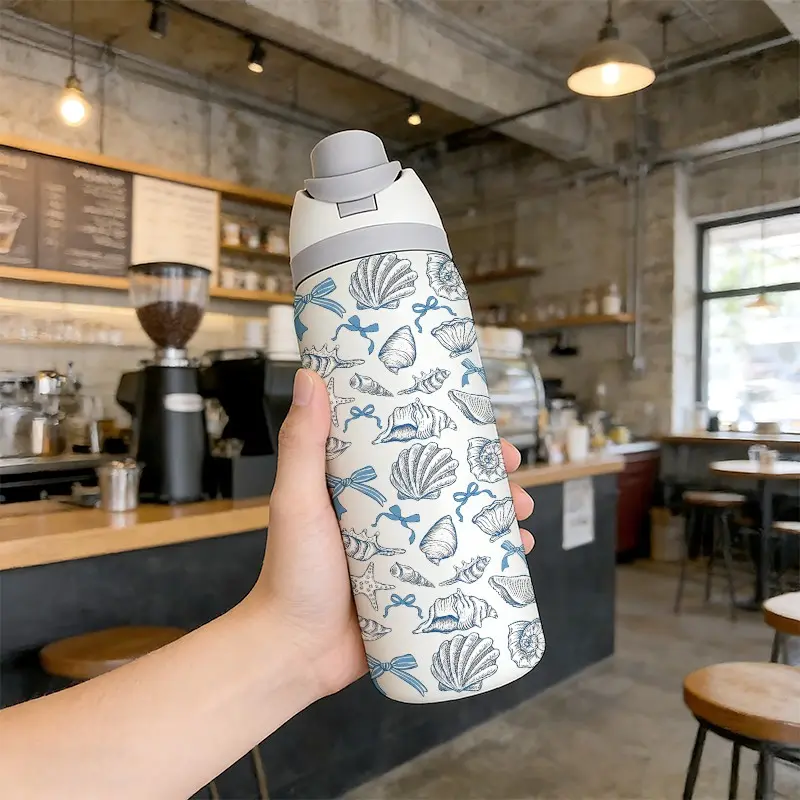 32oz Ocean Shell Pattern Dual Drink Sports Water Bottle, Insulated Flasks, 304 Stainless Steel Vacuum Insulated, Large Capacity Fruit Cup, Perfect Gift for Women, Stainless Steel Tumbler, Insulated Travel Drinkware, Vacuum Insulated Cups